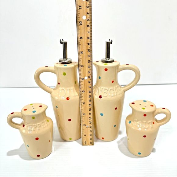 Temp-tations Temptations By Tara Polka Dot 5 pc Condiment Set Oil Vinegar Salt - Picture 13 of 15